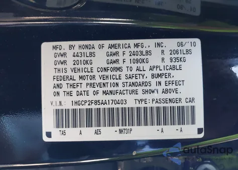 2010 Honda Accord 2.4 Ex-L z USA, uszkodzony, nr VIN 1HGCP2F85AA170403